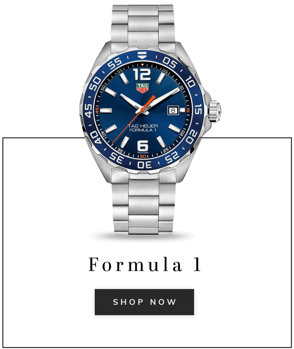 A TAG Heuer Formula one watch with a blue dial and caption Formula 1 shop now