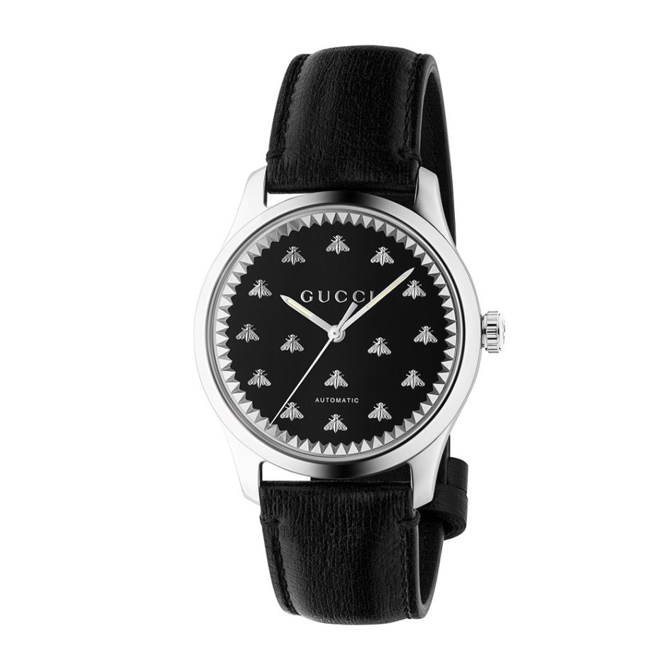Gucci G-Timeless Black Onyx Steel & Leather 42mm Automatic Watch