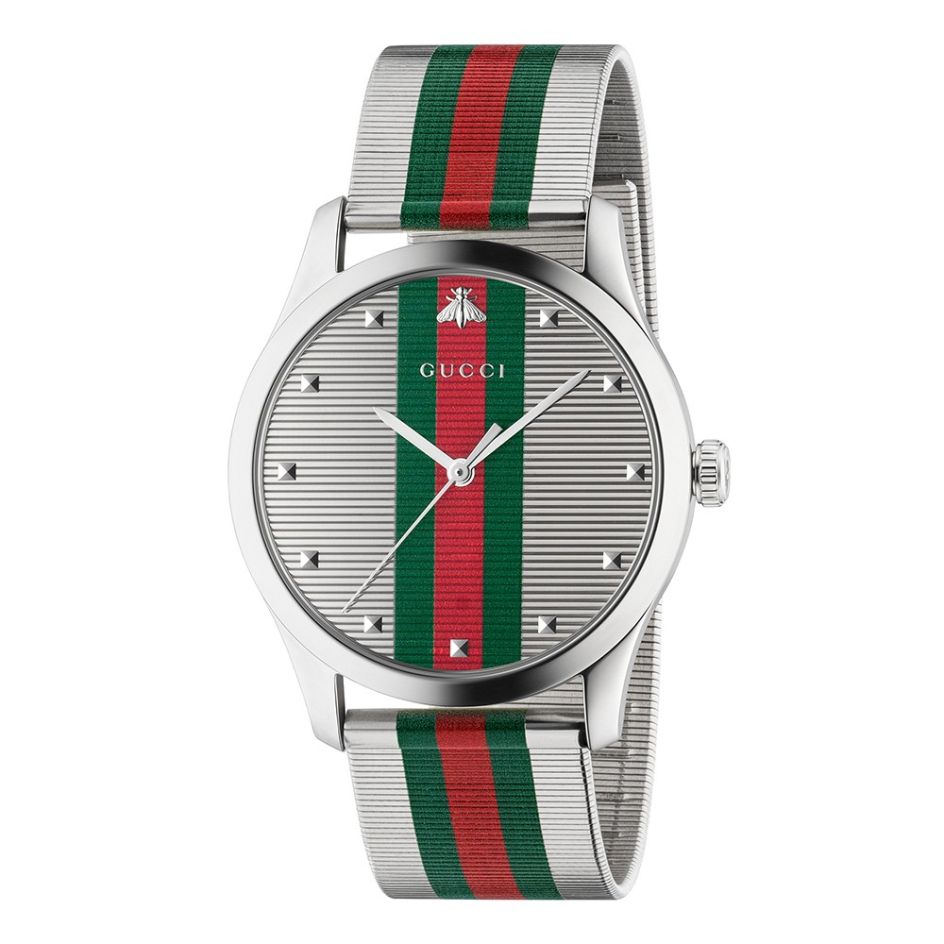 Gucci G-Timeless Contemporary Steel Striped Mesh 42mm Men's Watch 