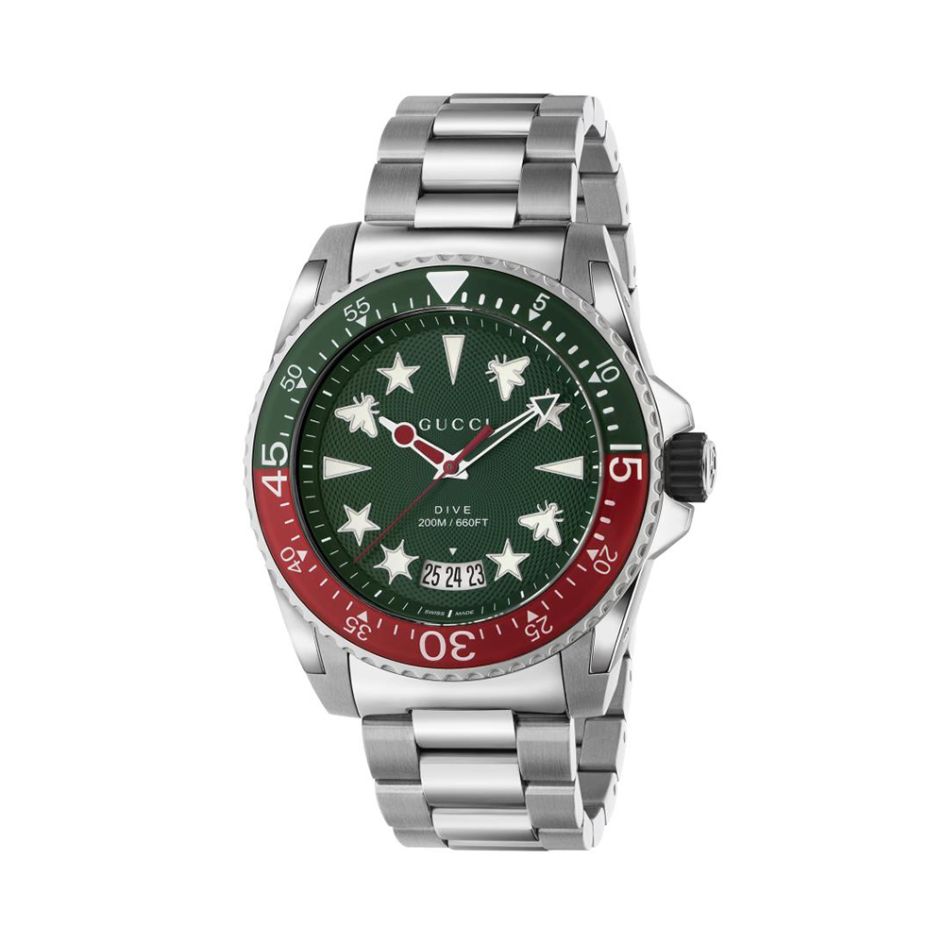 Gucci Dive Stainless Steel Green Motif Dial 45MM Men's Watch