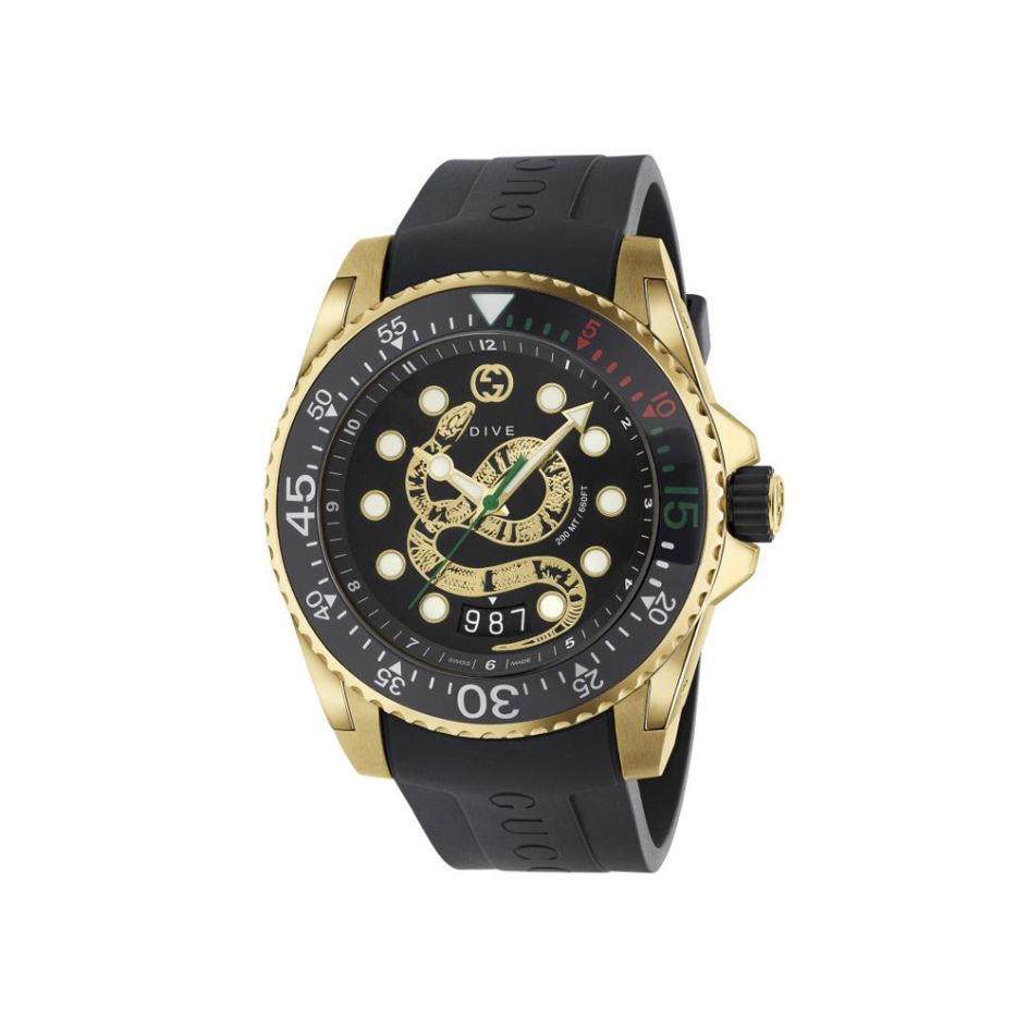 Gucci Dive Kingsnake Gold & Black Rubber 45MM Watch