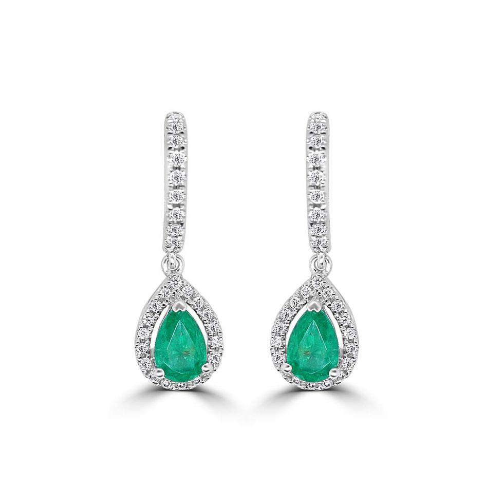 18CT White-Gold Pear-Cut Emerald & Diamond Halo Drop Earrings