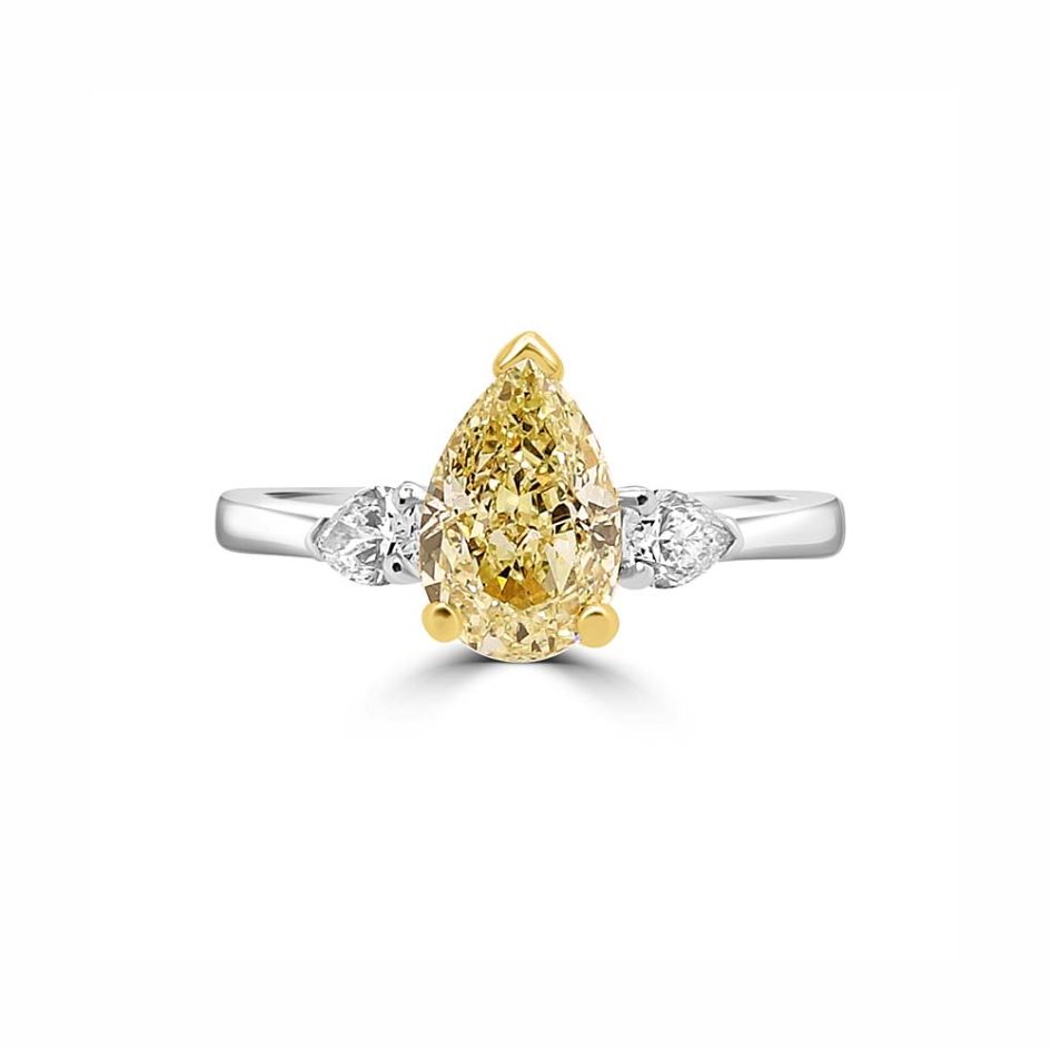 Yellow & White Pear-Cut Diamond Three-Stone Platinum Ring