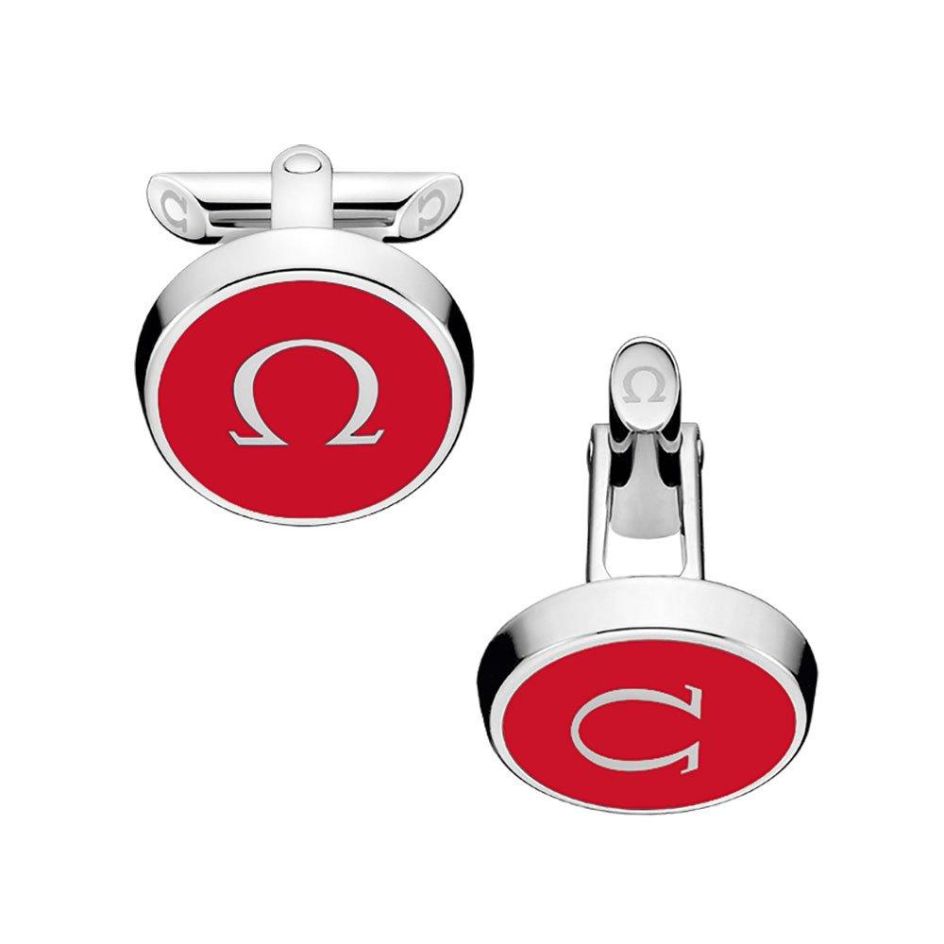 Omega Cufflinks Omegamania in Stainless Steel and Red Lacquer