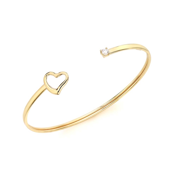 9CT Yellow-Gold Heart &amp; Cubic Zirconia Cuff Bangle