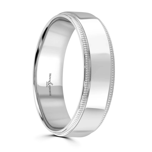 Platinum 6MM Textured Milgrain Edge Flat Court Wedding Ring