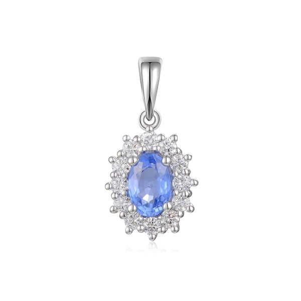 Platinum Oval Sapphire &amp; Diamond Halo 0.66CT Cluster Pendant Necklace - 1