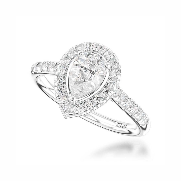 Pear Diamond &amp; Halo Shoulder-Set 0.83CT Platinum Engagement Ring