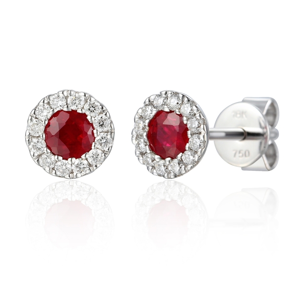 Ruby &amp; Diamond Cluster 18 CT White-Gold Stud Earrings
