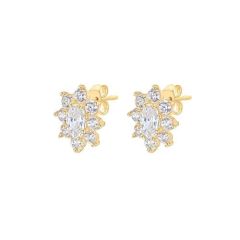 9 ct Yellow-Gold CZ Flower Cluster Stud Earrings
