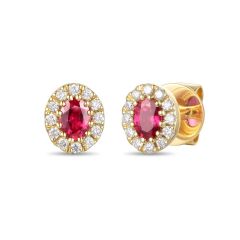 Oval Ruby & Diamond Halo 18CT Yellow-Gold Stud Earrings