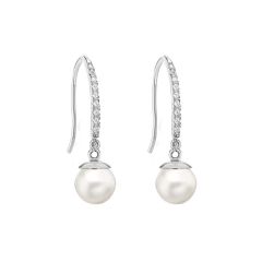 9CT White-Gold Freshwater Pearl & Sparkle Drop Earrings