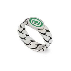 Gucci Interlocking G Sterling Silver & Green Enamel Ring