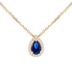 9CT Yellow-Gold Teardrop Blue Stone Halo Pendant Necklace