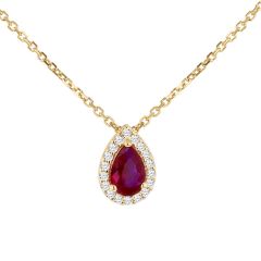 9CT Yellow-Gold Teardrop Red Stone Halo Pendant Necklace
