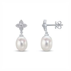 Pearl & Diamond Flower Topped 18CT White-Gold Drop Earrings
