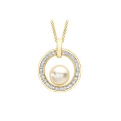 9CT Yellow-Gold Circle Pearl & White Stone Pendant Necklace