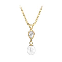 9CT Yellow-Gold Pearl Droplet & White Stone Pendant Necklace