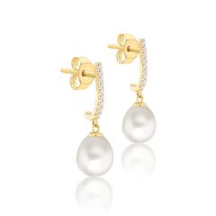 9CT Yellow-Gold Freshwater Pearl & Sparkle Droplet Earrings