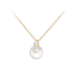 9CT Yellow-Gold Round Pearl & White Stone Pendant Necklace