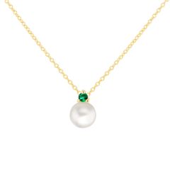 9CT Yellow-Gold Round Pearl & Green Stone Pendant Necklace