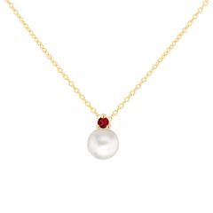 9CT Yellow-Gold Round Pearl & Red Stone Pendant Necklace