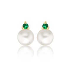 9CT Yellow-Gold Round Pearl & Green Stone Stud Earrings