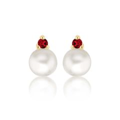 9CT Yellow-Gold Round Pearl & Red Stone Stud Earrings