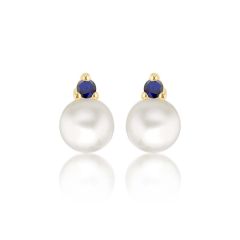 9CT Yellow-Gold Round Pearl & Blue Stone Stud Earrings