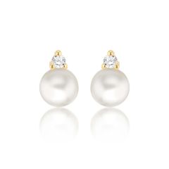 9CT Yellow-Gold Round Pearl & White Stone Stud Earrings