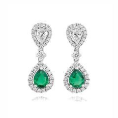 Pear-Cut Emerald & Diamond Halo 18CT White-Gold Drop Earrings