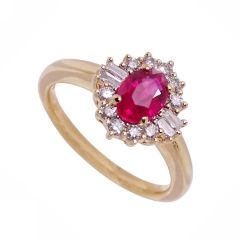 18CT Yellow-Gold Oval Ruby & Mixed Diamond Halo Ring