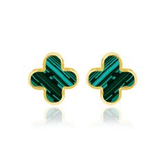 9CT Yellow-Gold & Green Malachite Flower Petals Stud Earrings