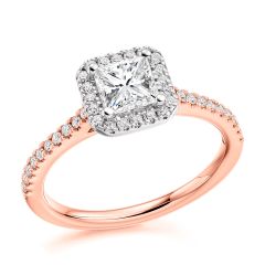 Princess Halo Diamond Engagement Ring with Diamond Band in Rose Gold