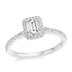 Emerald Halo Diamond Engagement Ring with Diamond Band in White Gold