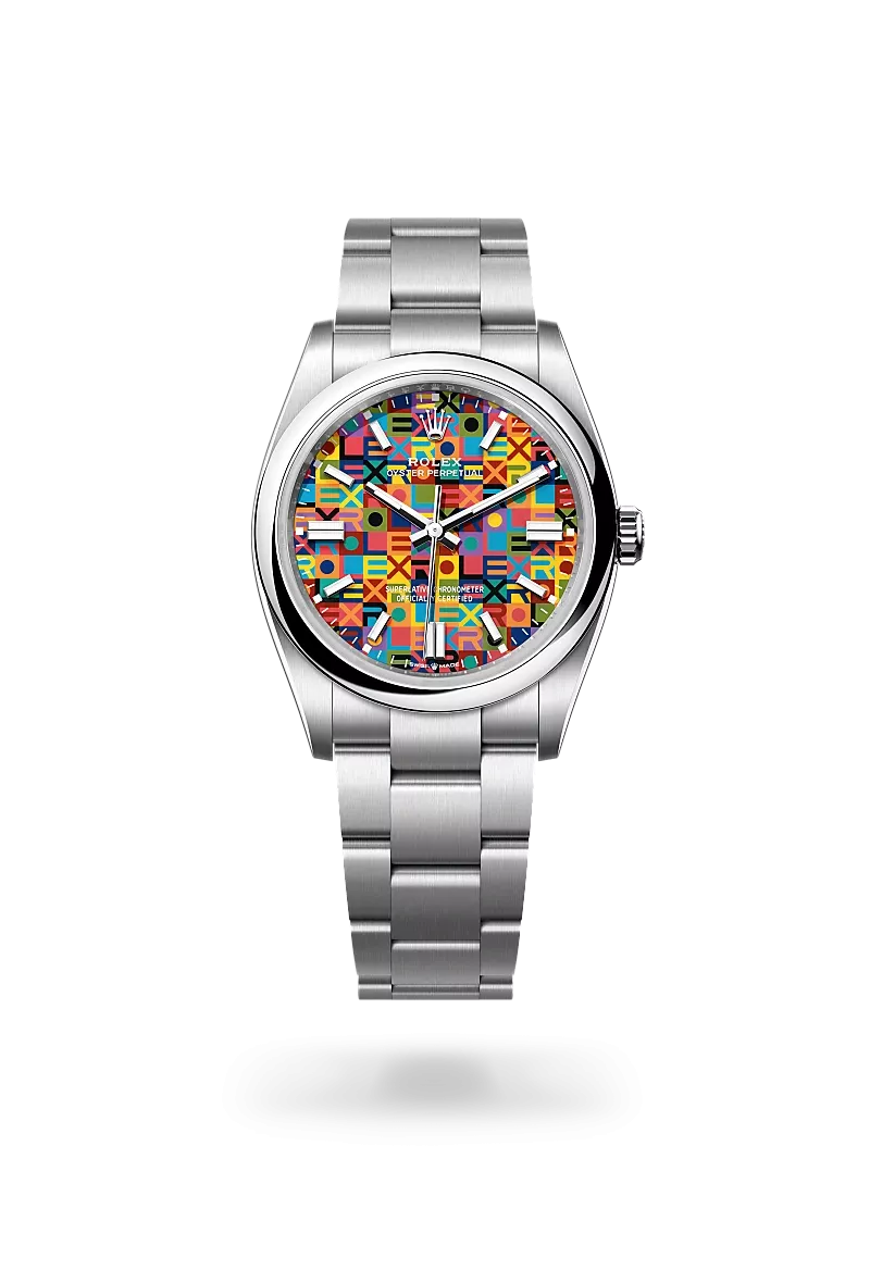 Rolex Oyster Perpetual 36 in Oystersteel with a Multicoloured, Jubilee motif dial, Domed bezel, Oyster, three-piece solid links bracelet.