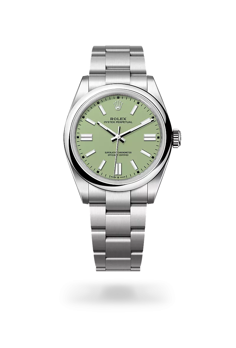 Rolex Oyster Perpetual 41 in Oystersteel with a Pistachio dial, Domed bezel, Oyster, three-piece solid links bracelet.