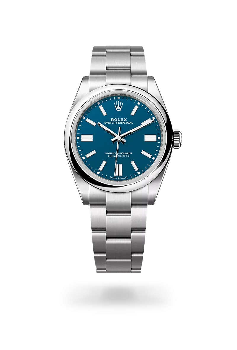 Rolex Oyster Perpetual 41 in Oystersteel with a Med blue dial, Domed bezel, Oyster, three-piece solid links bracelet.