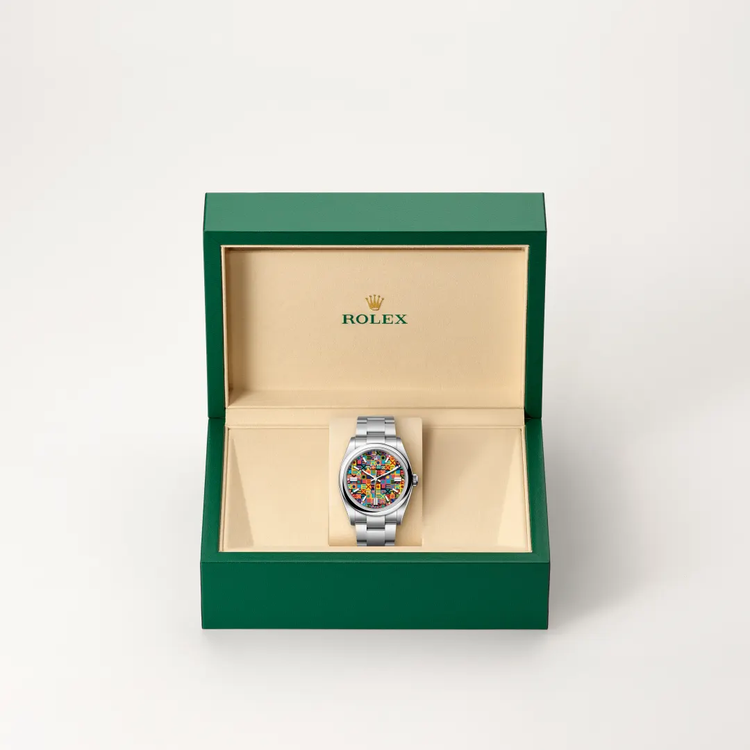 Rolex Oyster Perpetual 36 in Oystersteel with a Multicoloured, Jubilee motif dial, Domed bezel, Oyster, three-piece solid links bracelet.
