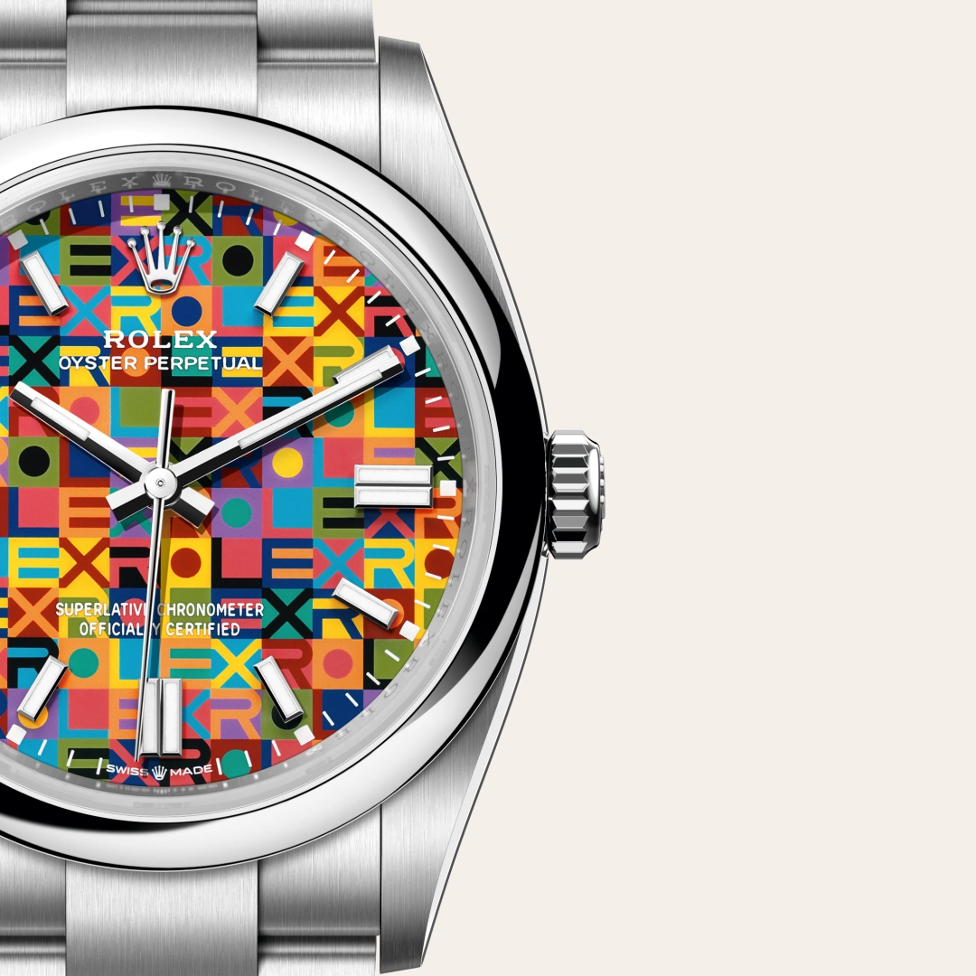 Rolex Oyster Perpetual 36 in Oystersteel with a Multicoloured, Jubilee motif dial, Domed bezel, Oyster, three-piece solid links bracelet.