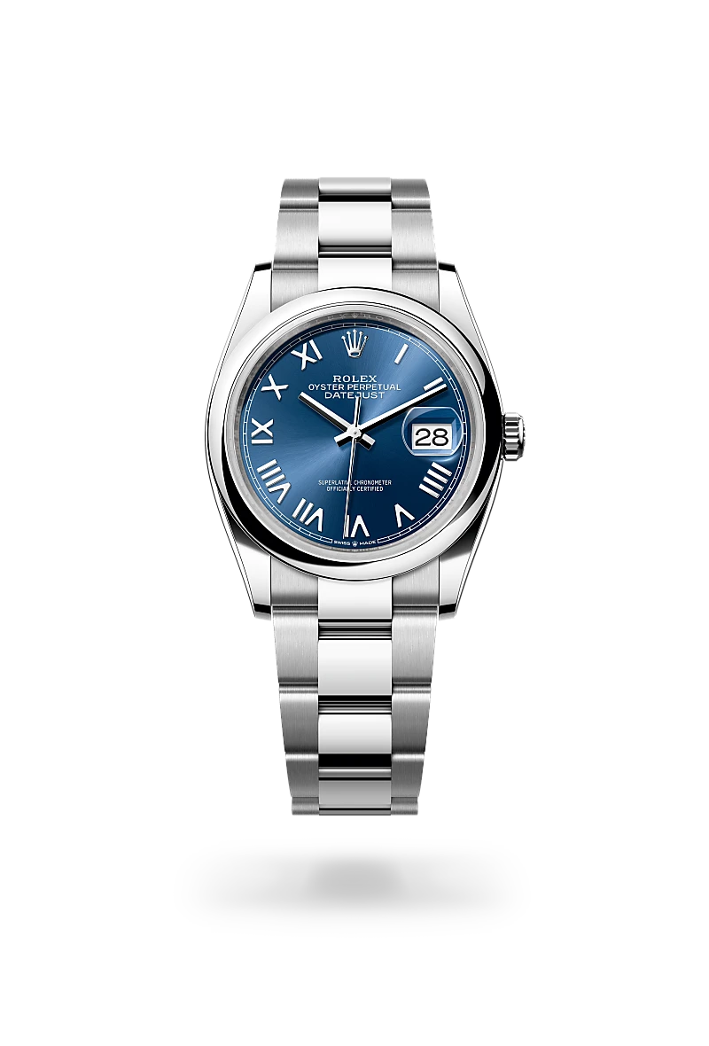 Rolex Datejust 36 in Oystersteel with a Bright blue dial, Domed bezel, Oyster, three-piece solid links bracelet.