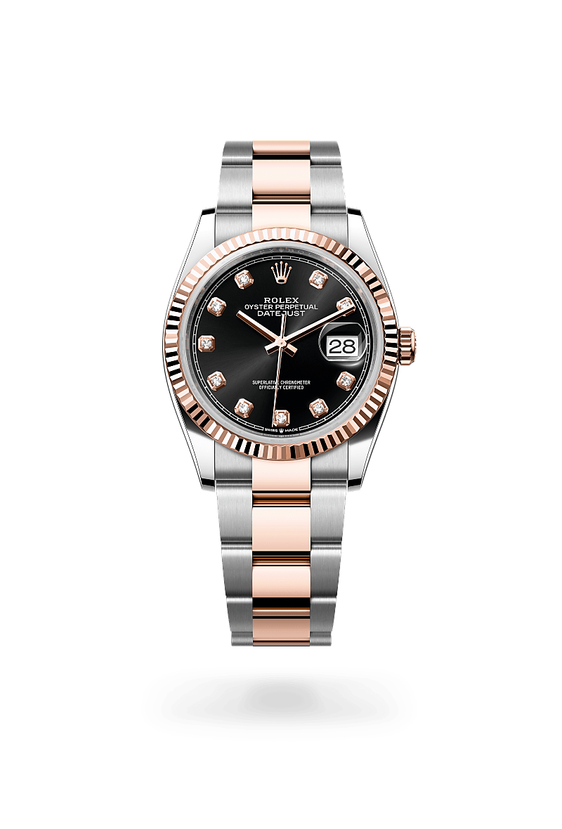 Rolex Datejust 36 in Everose Rolesor - combination of Oystersteel and Everose gold with a Bright black set with diamonds dial, Fluted bezel, Oyster, three-piece solid links bracelet.