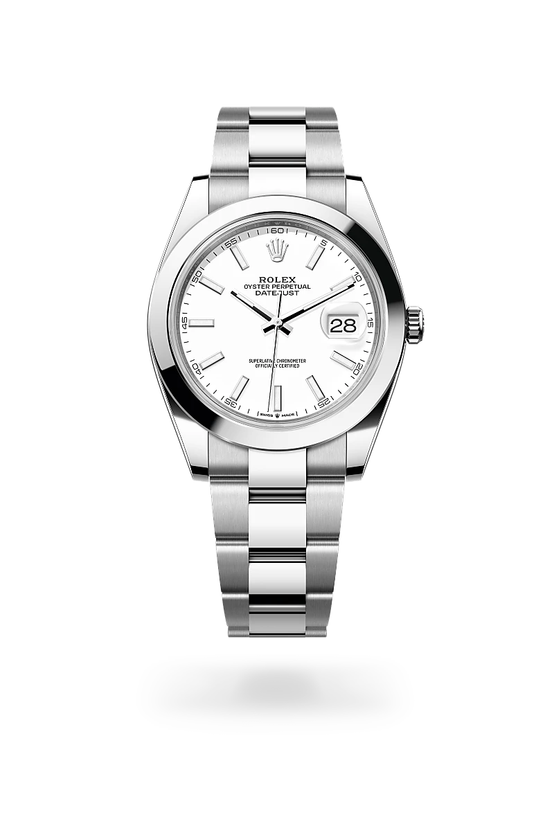 Rolex Datejust 41 in Oystersteel with a White dial, Smooth bezel, Oyster, three-piece solid links bracelet.