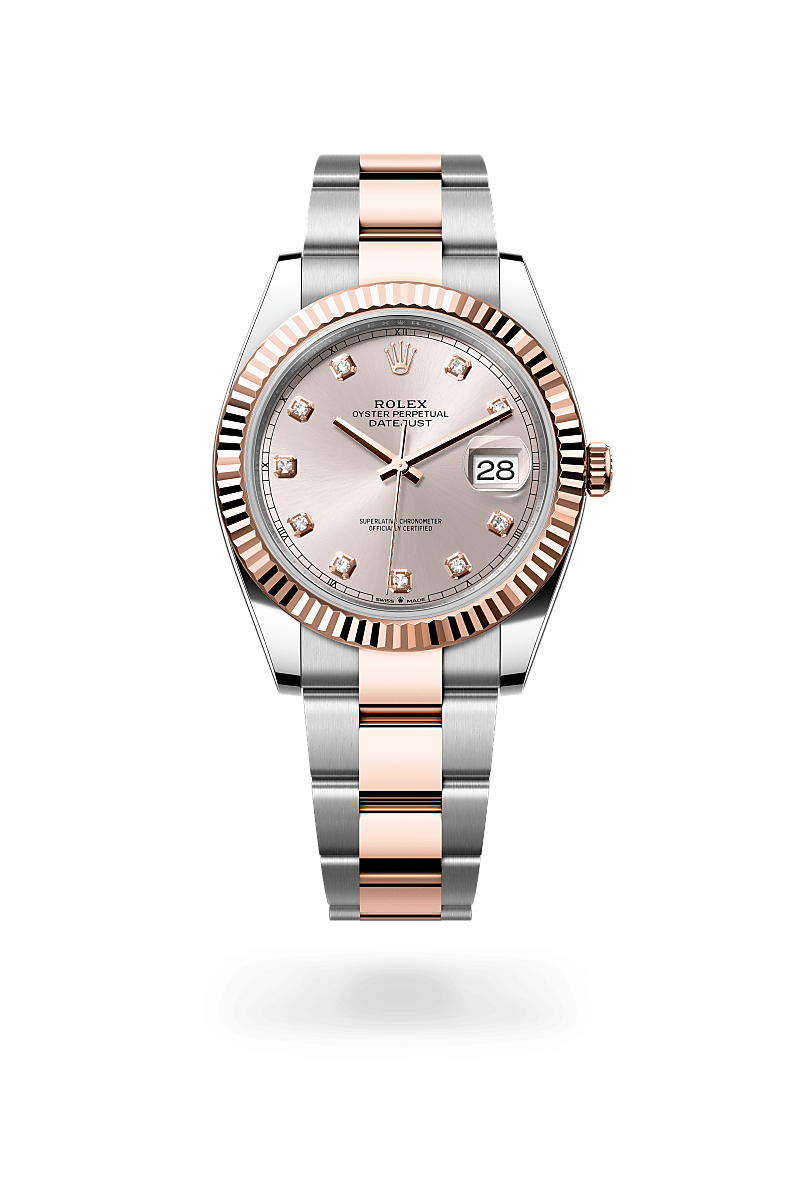 Rolex Datejust 41 in Everose Rolesor - combination of Oystersteel and Everose gold with a Sundust set with diamonds dial, Fluted bezel, Oyster, three-piece solid links bracelet.