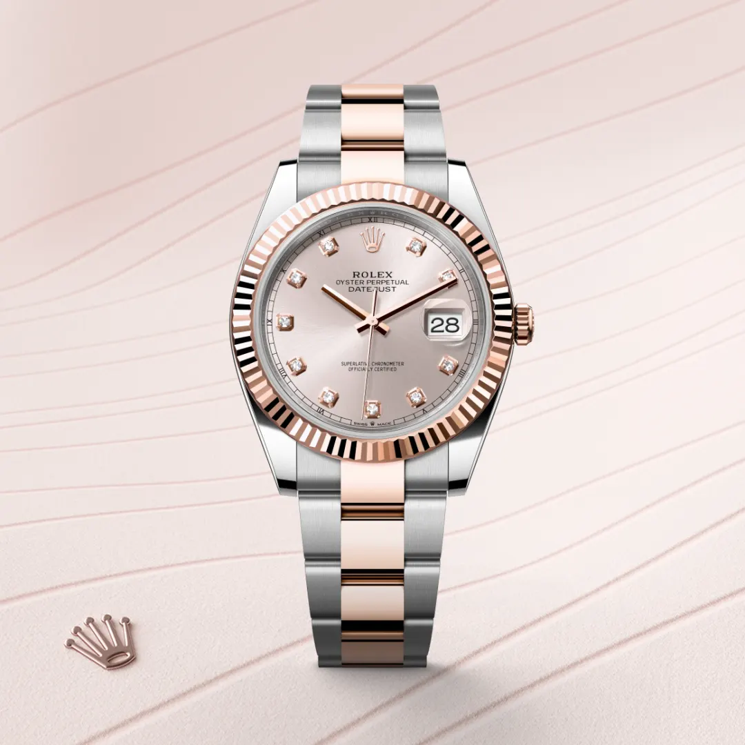 Rolex Datejust 41 in Everose Rolesor - combination of Oystersteel and Everose gold with a Sundust set with diamonds dial, Fluted bezel, Oyster, three-piece solid links bracelet.