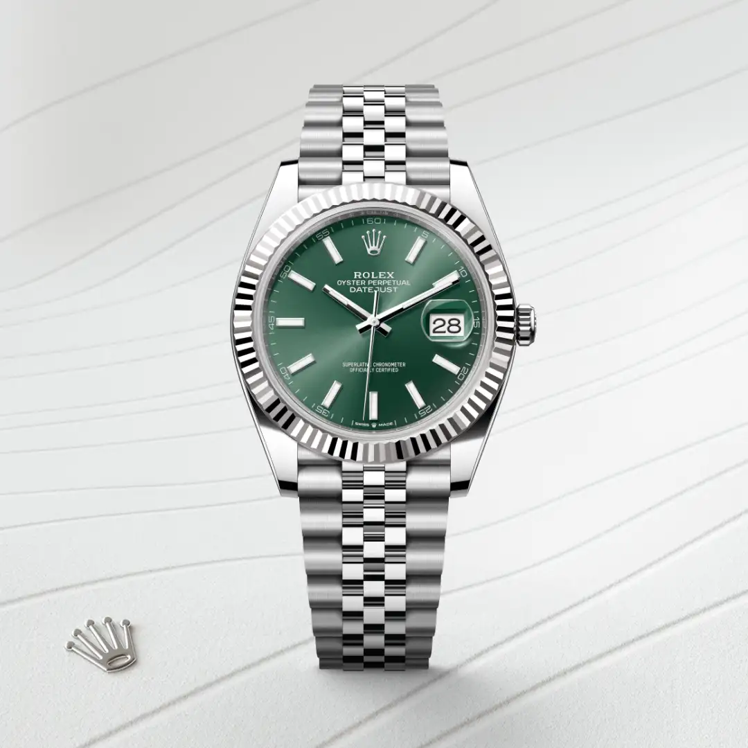 Rolex Datejust 41 in White Rolesor - combination of Oystersteel and white gold with a Mint green dial, Fluted bezel, Jubilee, five-piece links bracelet.