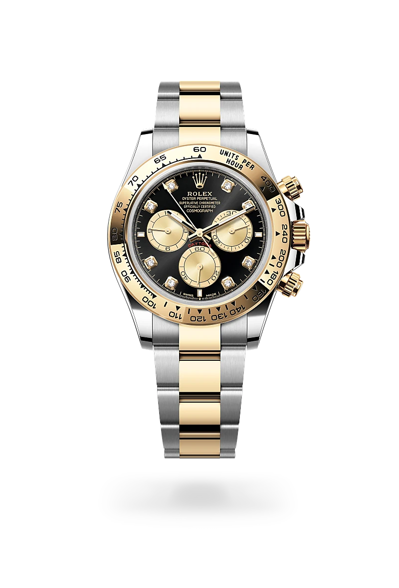 Rolex Cosmograph Daytona in Yellow Rolesor - combination of Oystersteel and yellow gold with a Bright black and golden set with diamonds dial, Fixed, with engraved tachymetric scale, in yellow gold bezel, Oyster, three-piece solid links bracelet.