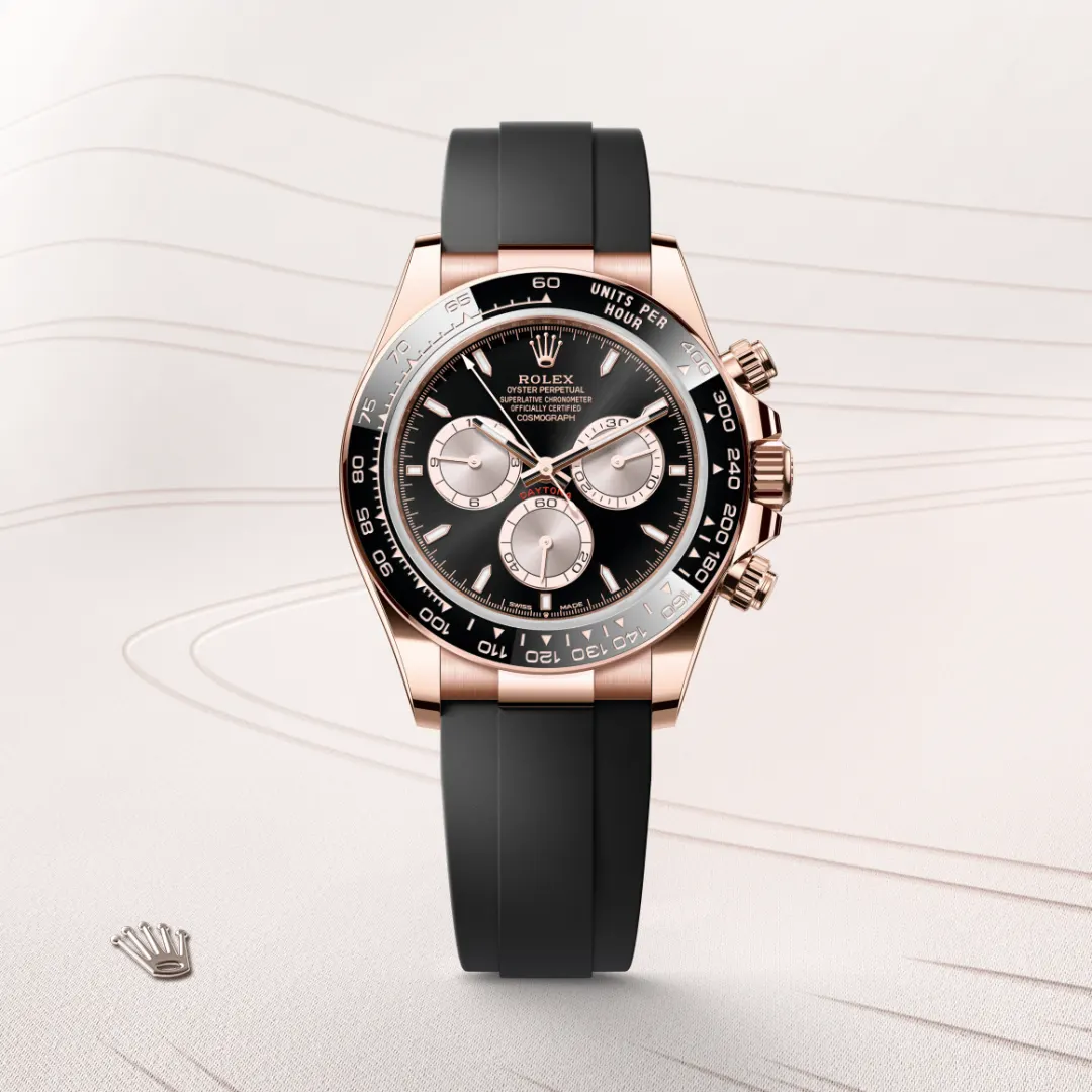 Rolex Cosmograph Daytona in 18 ct Everose gold with a Bright black and Sundust dial, Black monobloc Cerachrom bezel in ceramic with moulded tachymetric scale bezel, Oysterflex bracelet.