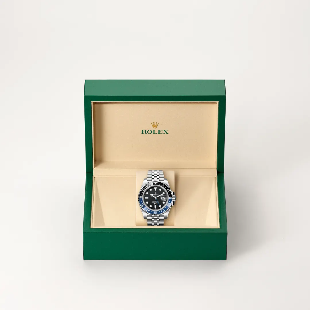 Rolex GMT-Master II in Oystersteel with a Black dial, Bidirectional rotatable 24-hour graduated bezel. Two-colour blue and black Cerachrom insert in ceramic, moulded numerals and graduations bezel, Jubilee, five-piece links bracelet.