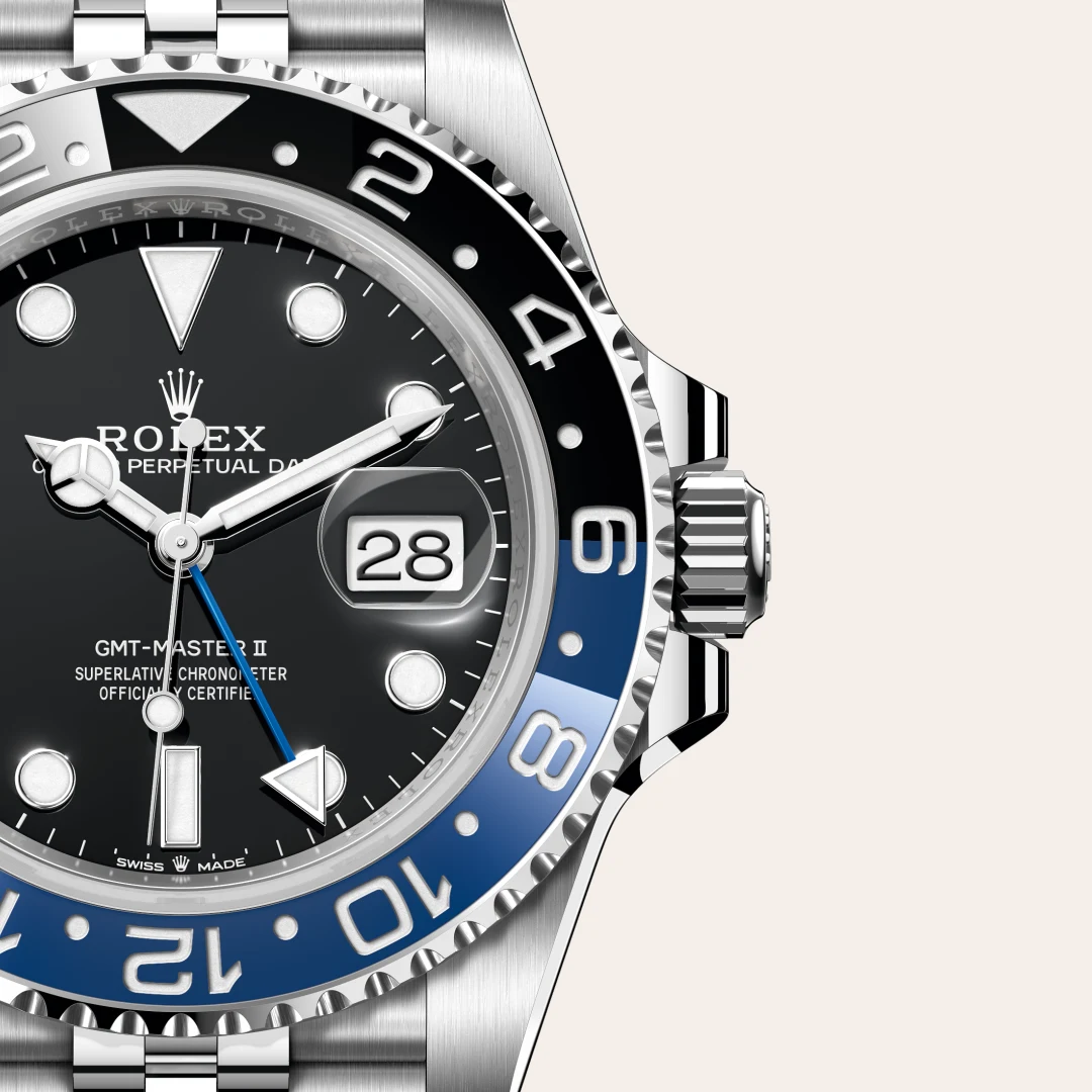 Rolex GMT-Master II in Oystersteel with a Black dial, Bidirectional rotatable 24-hour graduated bezel. Two-colour blue and black Cerachrom insert in ceramic, moulded numerals and graduations bezel, Jubilee, five-piece links bracelet.